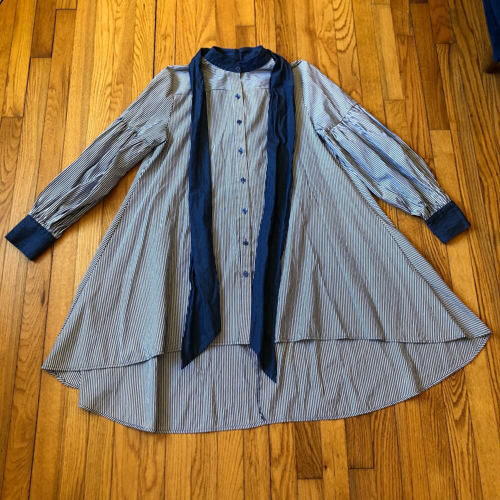 CQ by CQ EUC Women's Bowtie Shirt Dress Blue White Pinstripe Size S
